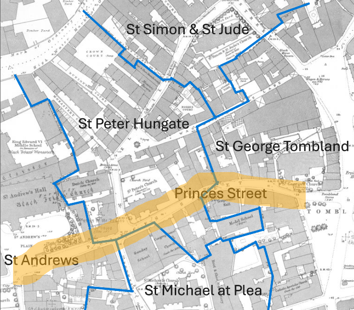 1884 Ordnance Survey map showing boundaries of St Peter Hungate, St George Tombland, St Andrews, St Michael at Plea and St Simone and St Jude